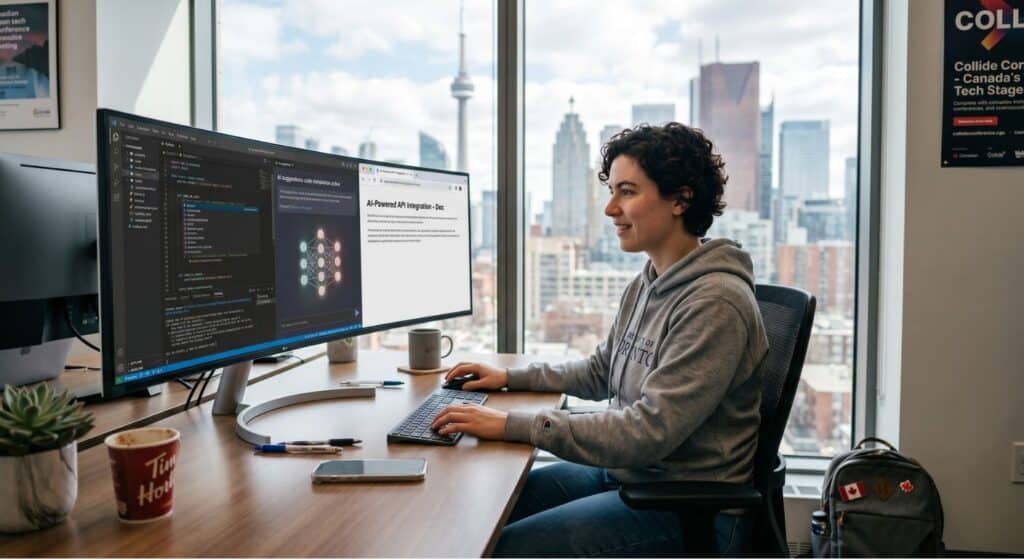 Developer working with AI interface on computer