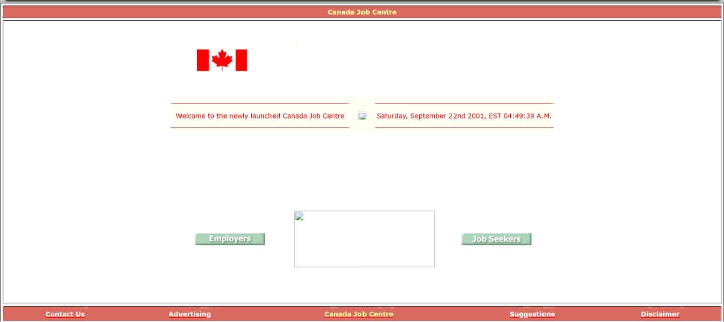 Canada Job Centre original website screenshot from September 22 2001 captured by the Internet Archive Wayback Machine