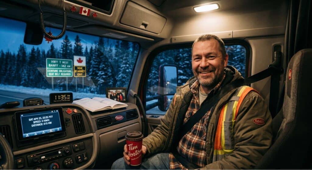 Smiling truck driver in cab of truck